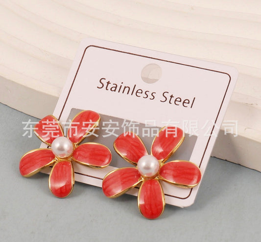 E7030 Aretes flor roja acero inoxidable 304 5cm
