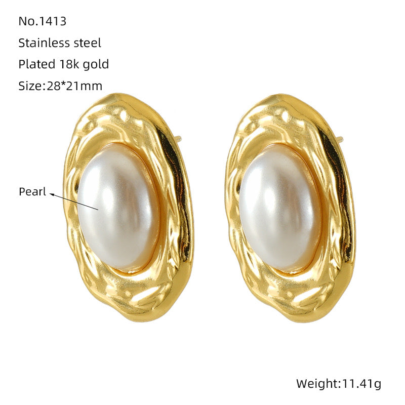 E2012 Aretes ovalo perla acero inoxidable chapado en oro de 18K