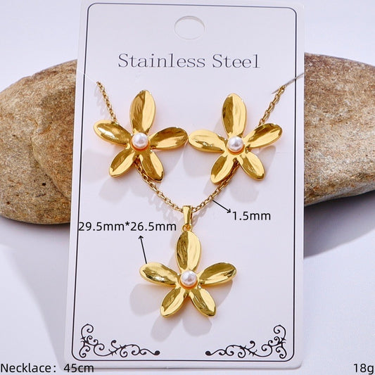 C1034 Conjunto de collar y aretes flor dorada acero inoxidable 20cm largo 3cm dije