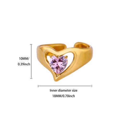 A264 Anillo dorado corazón cristal morado abierto acero inoxidable