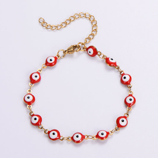 B357R Pulsera ojo turco rojo acero inoxidable chapado en oro 18k largo 21cm