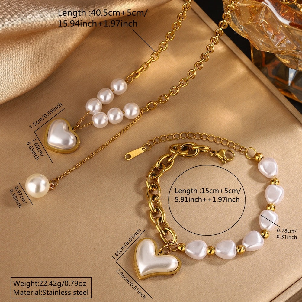 C500 Conjunto collar pulsera madre perla acero inoxidable chapado en oro 18k largo collar 25cm dije 1cm pulsera largo 10cm