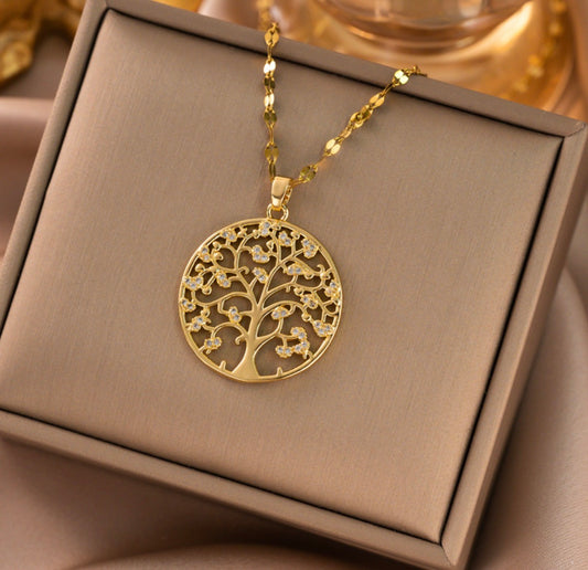 C1556 collar árbol de la abundancia dorado acero de titanio 24cm largo 4cm dije