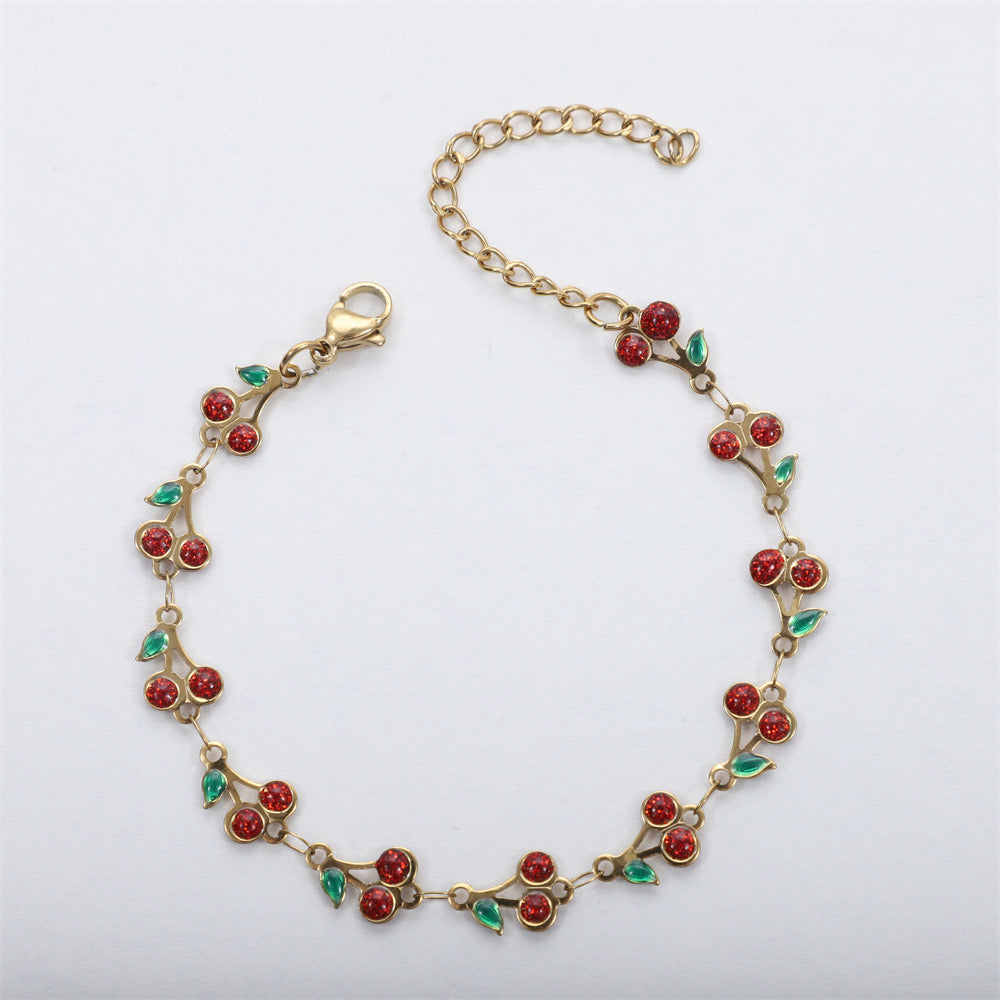 B194R pulsera cerezas rojas resina acero inoxidable largo 20cm ajustable