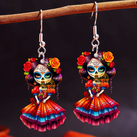 E4054  Aretes catrina día de muertos Halloween  acrílico 4cm