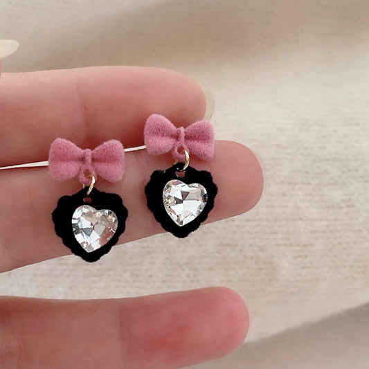 E4910 Aretes corazón negro moño rosa aleacion 2cm