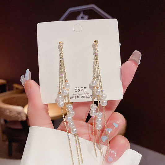 E3316 Aretes perlas colgantes aleacion fiesta largos 10cm