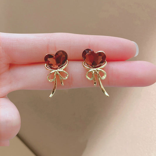 E4900 Aretes Rosa corazón cristal tallo dorado aleacion 2cm