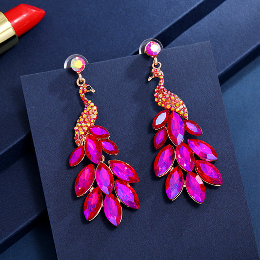 E3431 Aretes pavo real cristal brillante fiesta aleacion 7cm