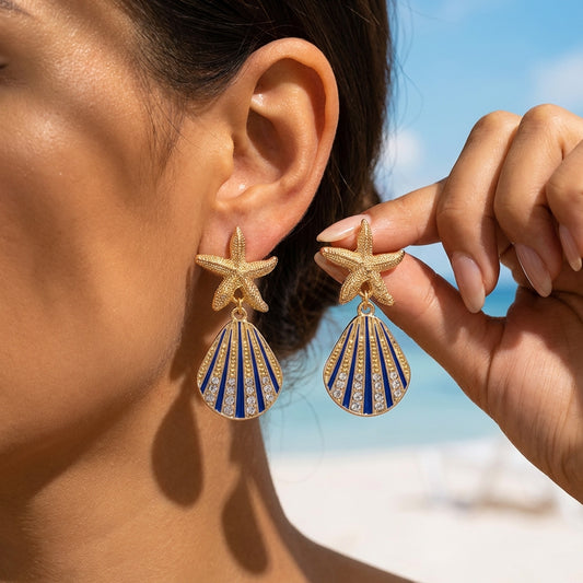 E7070 aretes concha y estrella de mar azul aleacion 5cm