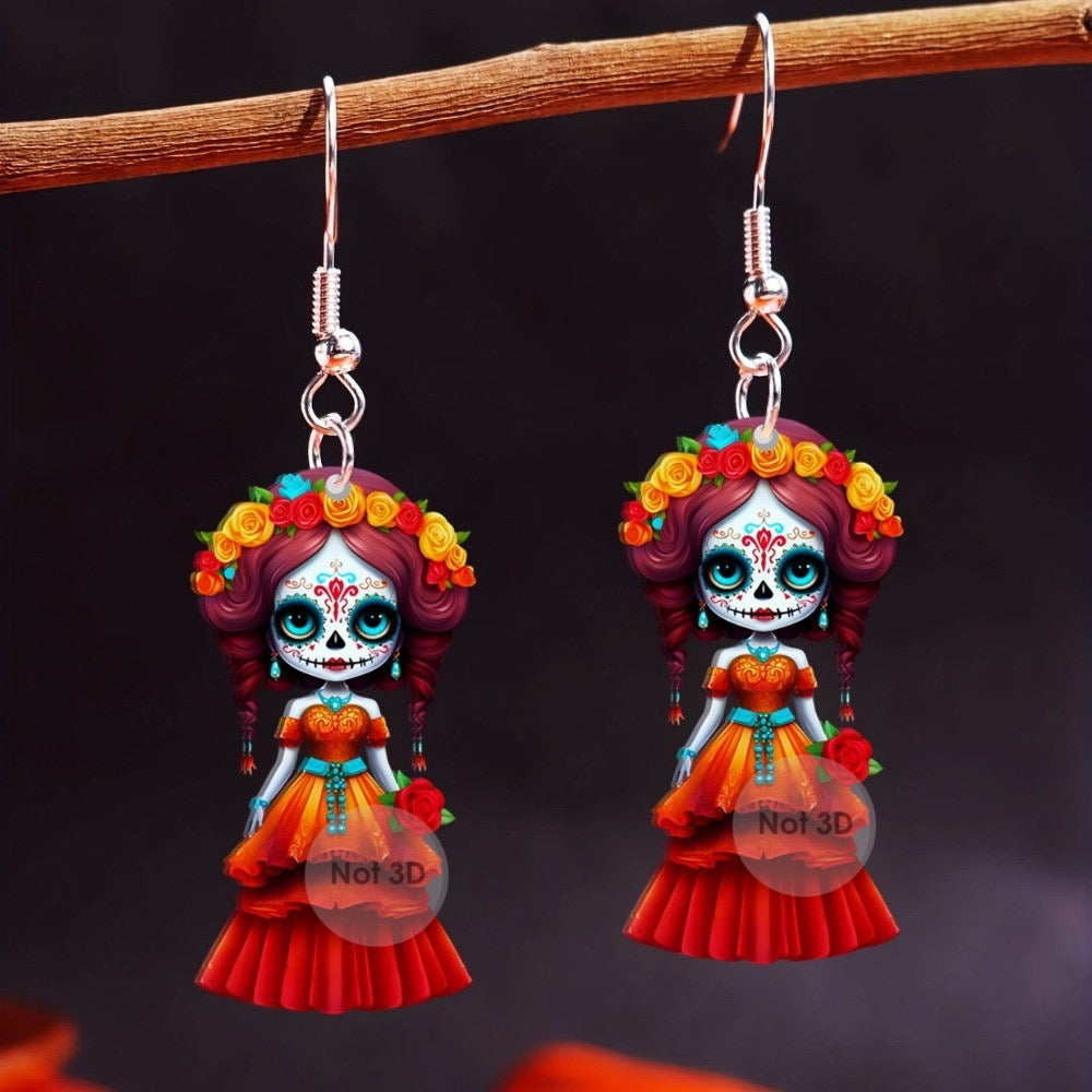 E4053 Aretes catrina día de muertos Halloween 5.5cm acrílico