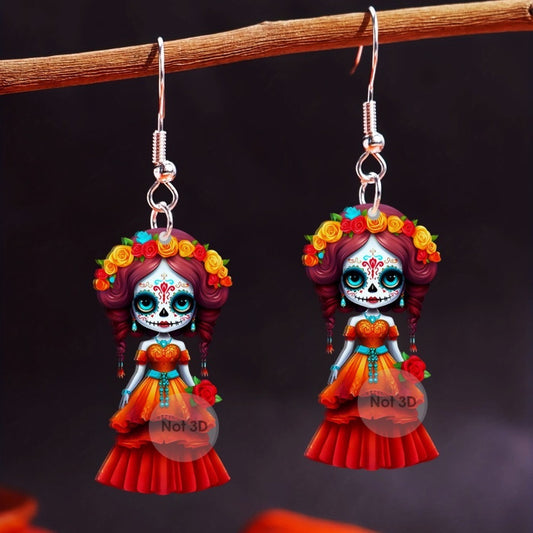 E4053 Aretes catrina día de muertos Halloween 5.5cm acrílico