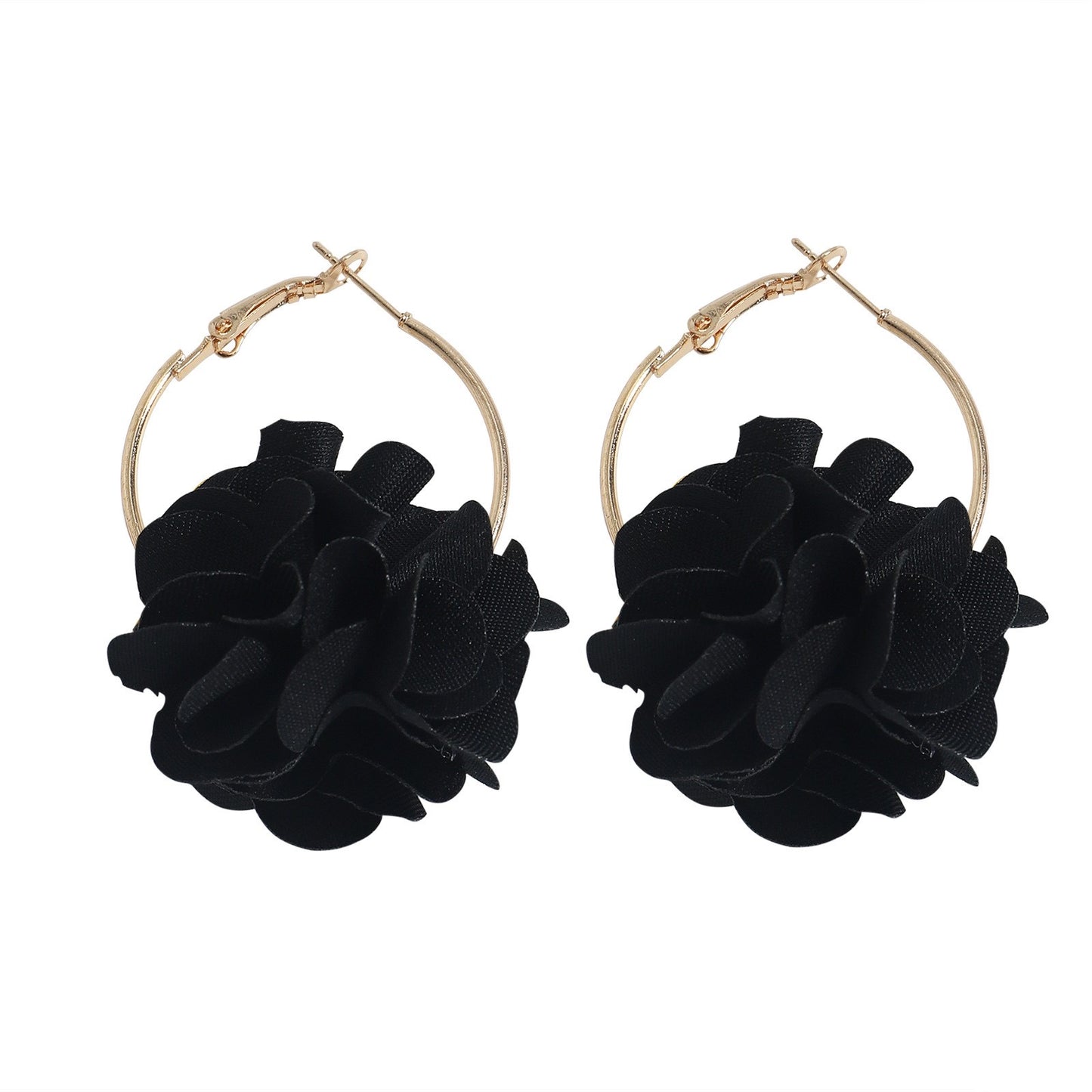 E7226 Aretes flor negra aro dorado aleacion 6cm