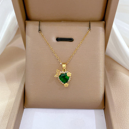 J495 Collar corazon cristal verde esmeralda acero de titanio largo 20.5cm dije 1cm