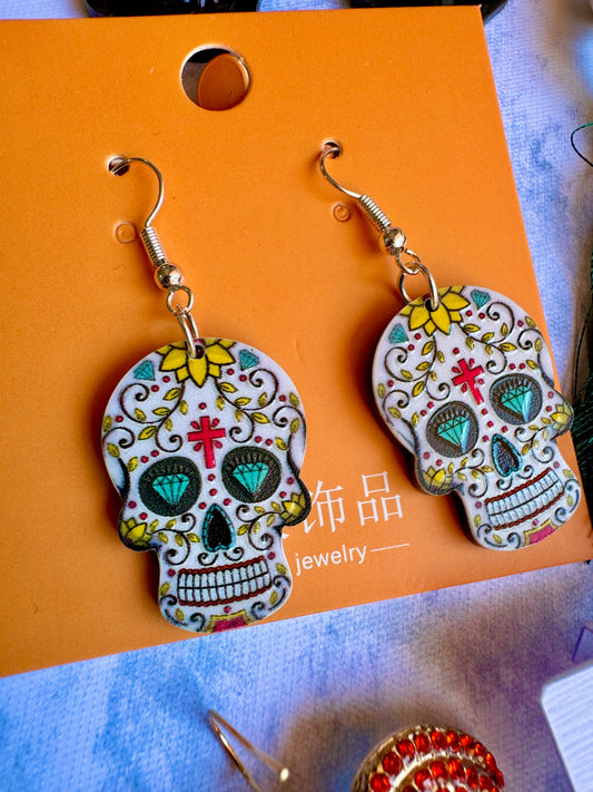 E270 Aretes Blancos Catrina Calavera Dia De Muertos Halloween