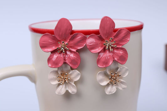 E4041 Aretes flor rosa y blanca aleación esmaltado 4cm