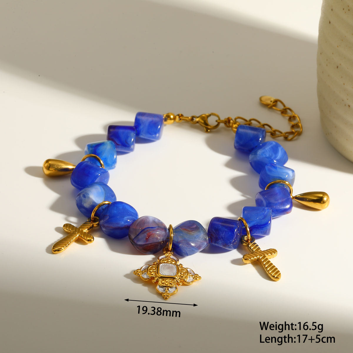 B896 Pulsera cuarzo axil cruces doradas colgantes 19cm acero inoxidable