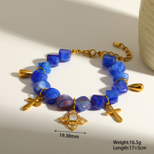 B896 Pulsera cuarzo axil cruces doradas colgantes 19cm acero inoxidable