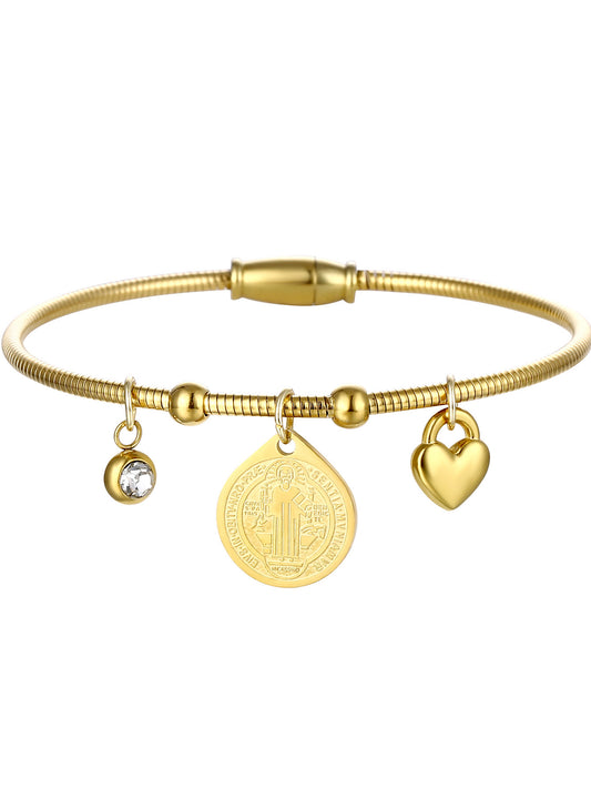 B613 Pulsera Magnetica De Acero Inoxidable Con Baño De Oro De 18K Pulsera Religiosa De Circonita Con Medalla De San Benito