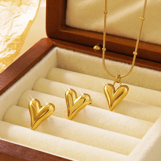 C637 Conjunto collar aretes corazon dorado acero inoxidable chapado en oro 18k largo 21.5cm aretes 1.5cm