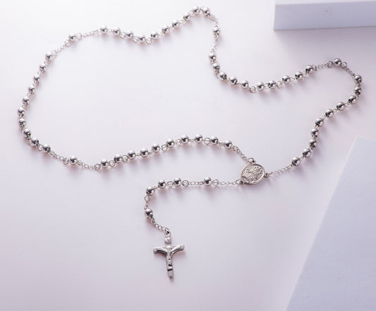 C729 Collar rosario plateado acero inoxidable 46cm largo