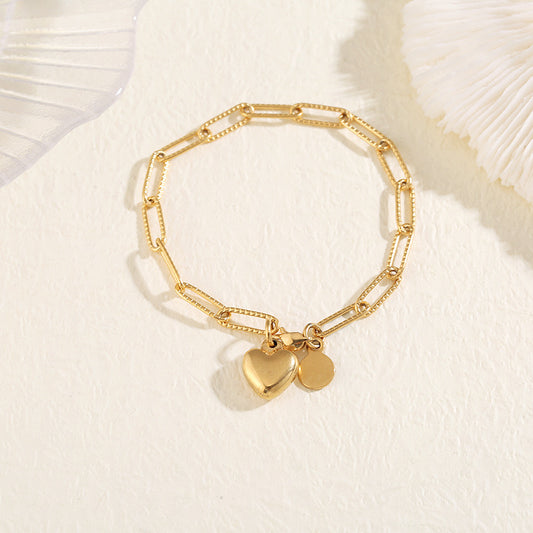 B373 Pulsera corazón acero inoxidable chapado en oro 18k 19cm