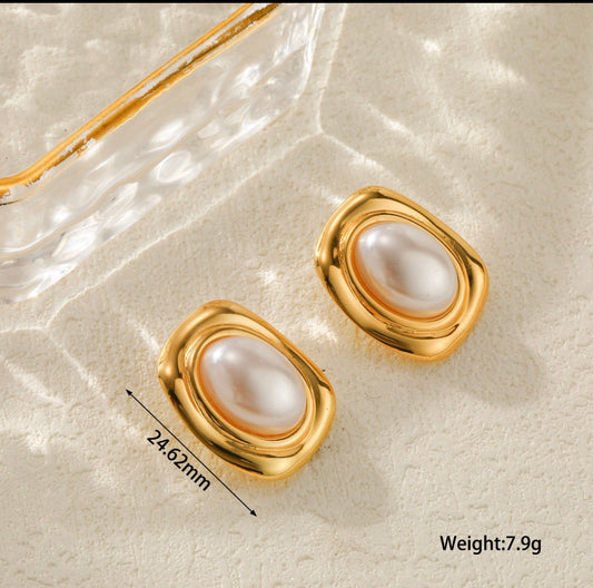 E6058 Aretes rectangulares dorados perla acero inoxidable 304 3cm