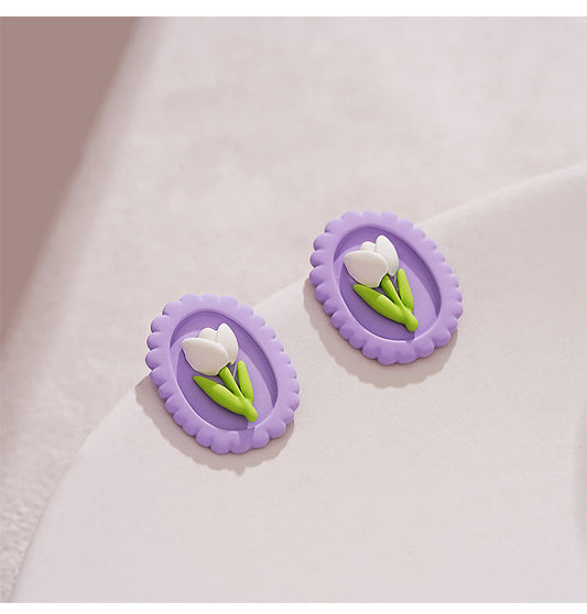 E3583 Aretes óvalo morado tulipán aleacion 1.5cm