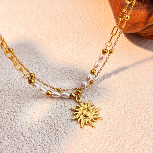 B388 Pulsera sol doble perlas acero inoxidable chapado en oro 18k 22cm dije 2.5cm