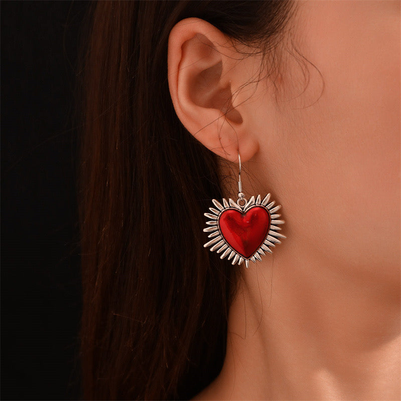 E2051P Aretes corazon rojo plateado aleacion gancho