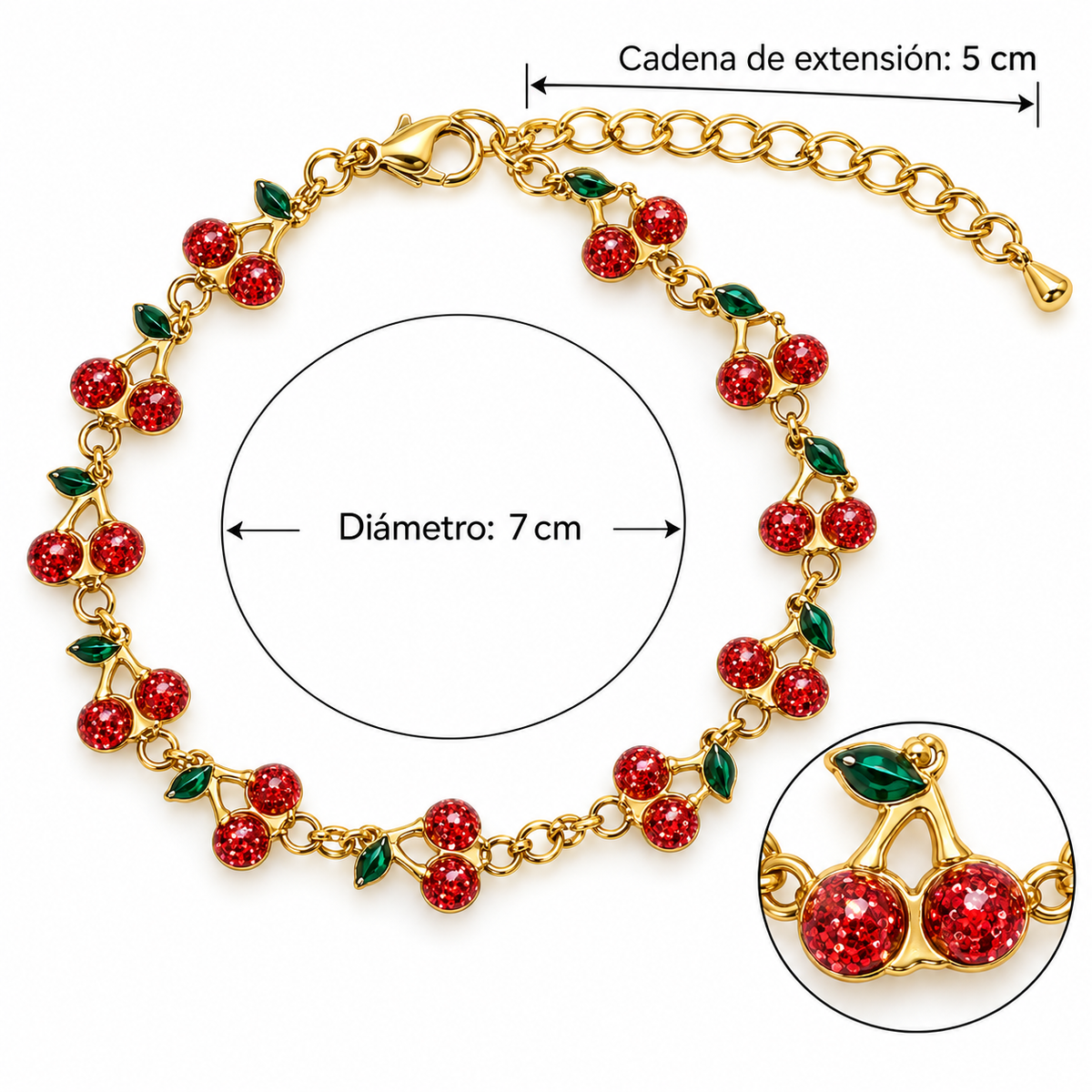 B114 Pulsera cerezas acero titanio chapado en oro 18k