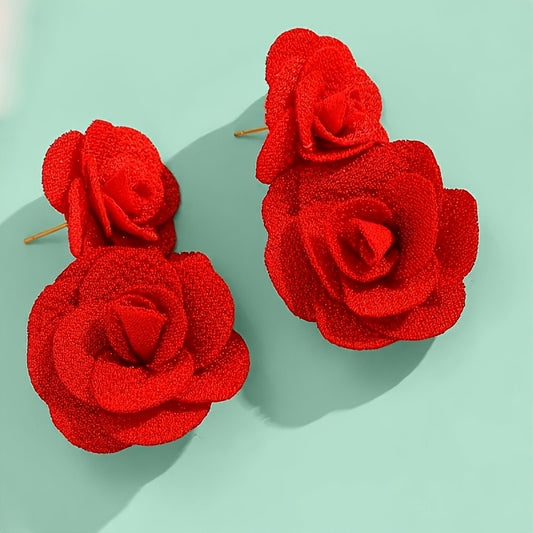 E5046 Aretes rosas rojas tela 6cm