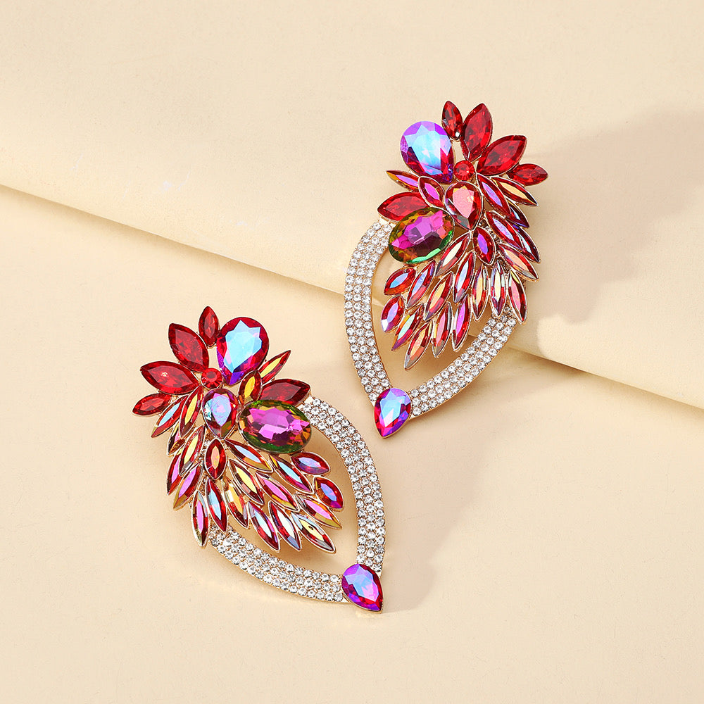 E5976R Aretes gota brillante diamantes rosas 7cm aleacion