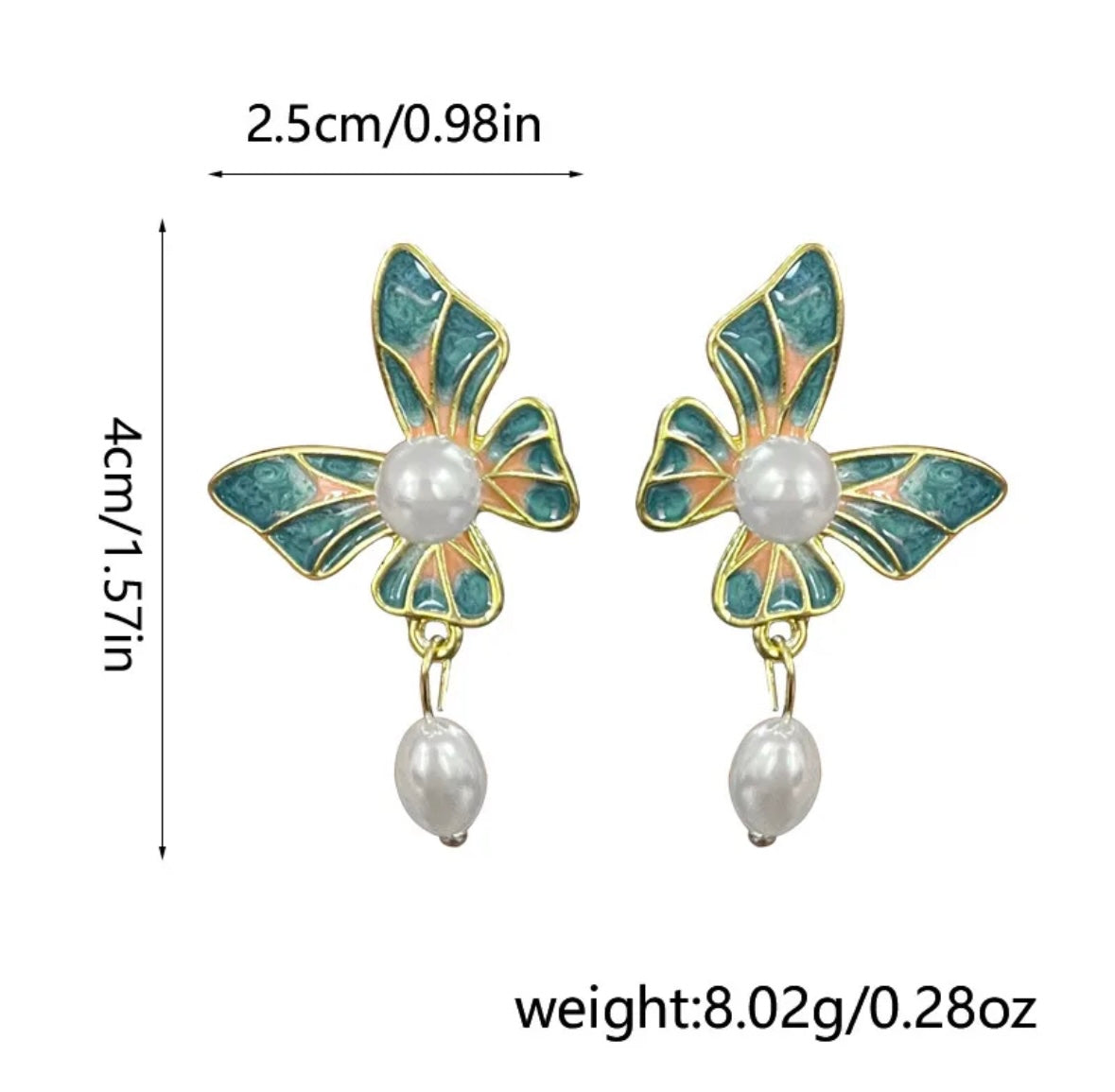 E2130 Aretes mariposa perla metal esmaltado poste de plata