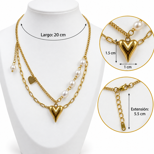 C100 Collar con dijes y perlas imitacion de acero inoxidable