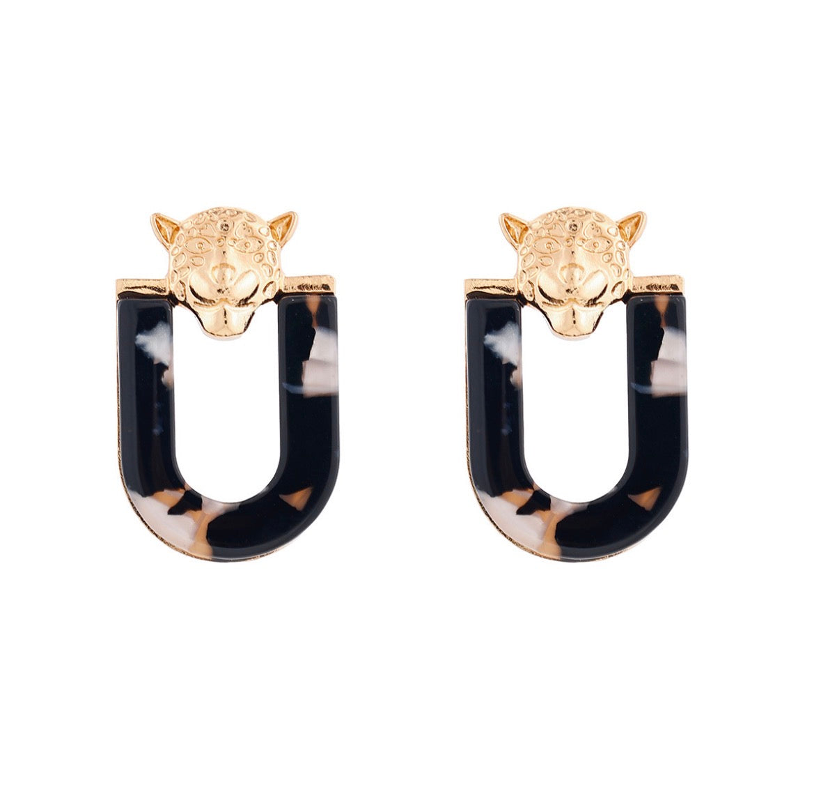 E5458 Aretes ovalados negros pantera dorada aleacion 5cm