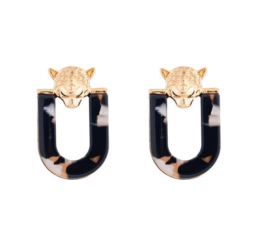 E5458 Aretes ovalados negros pantera dorada aleacion 5cm