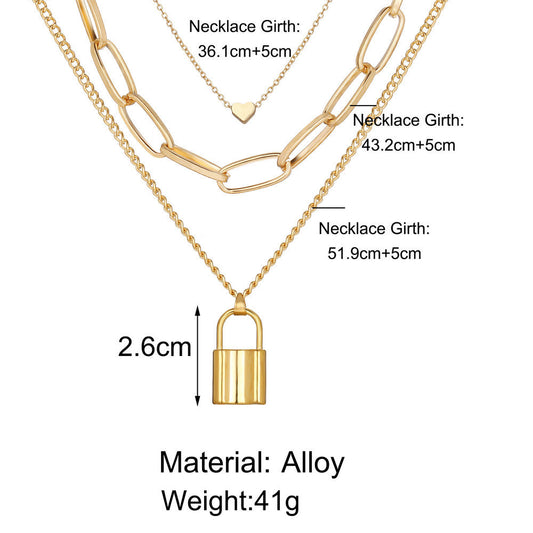 C673 Collar candado triple capa aleacion largo 23cm dije 3cm