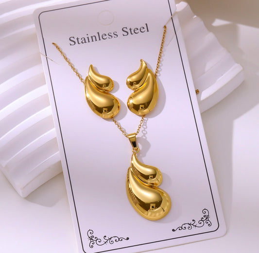 C1282 Conjunto de collar y aretes gotas doradas acero inoxidable