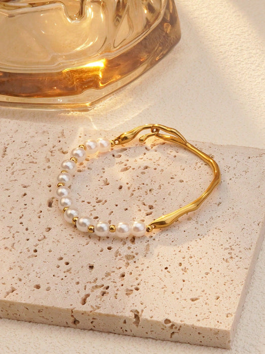 B352 Brazalete dorado perlas acero inoxidable chapado en oro 18k diametro 6cm