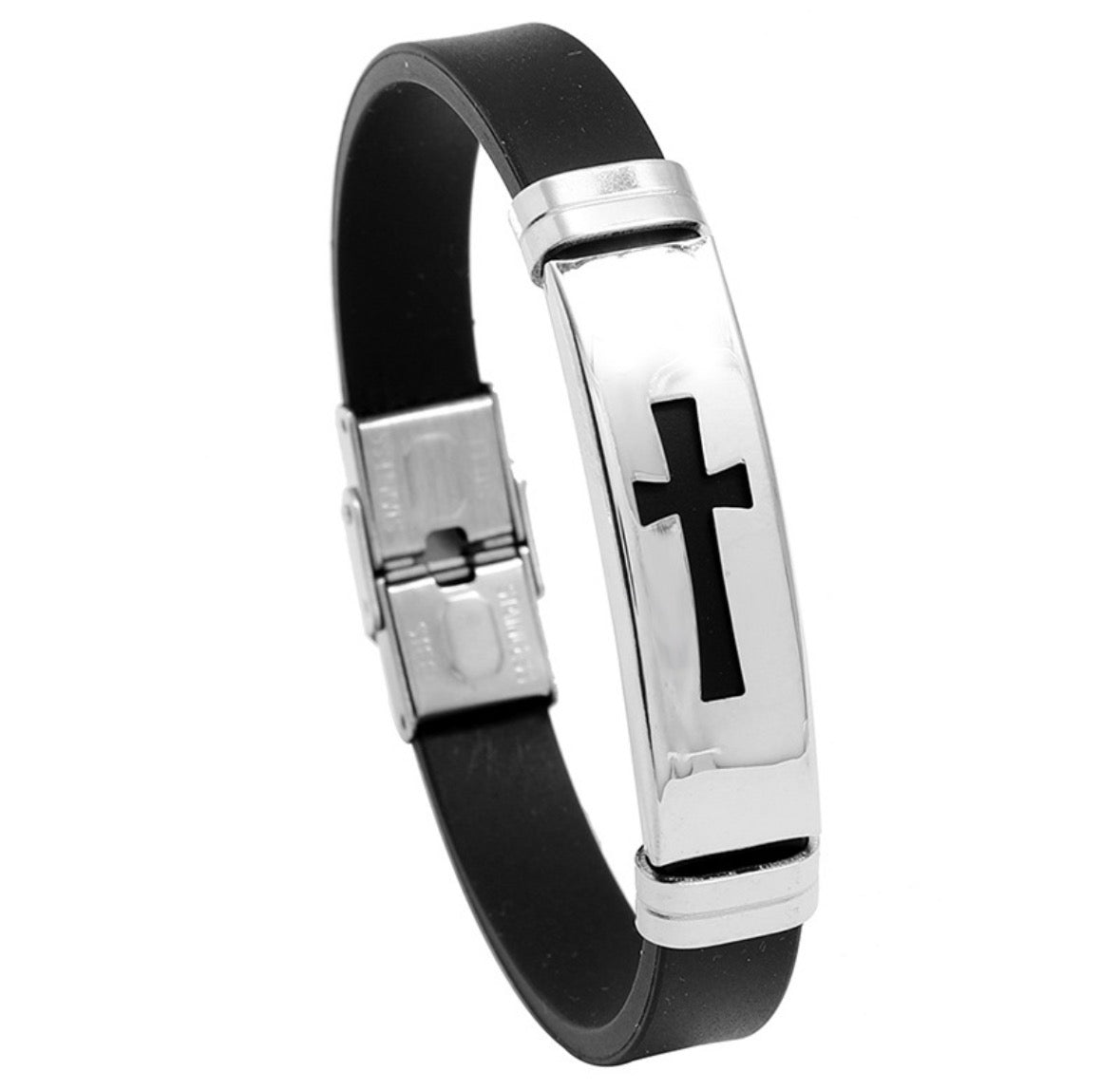 B751 pulsera cruz plateado cuero sintetico negro