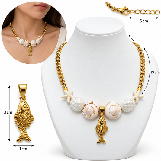 C109 Collar con cadena de eslabones cubanos acero inoxidable 304 con dije pez y conchas
