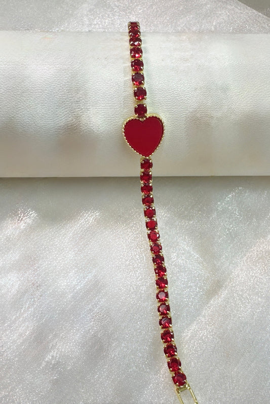 B483 Pulsera corazón cristal brillante roja 18cm