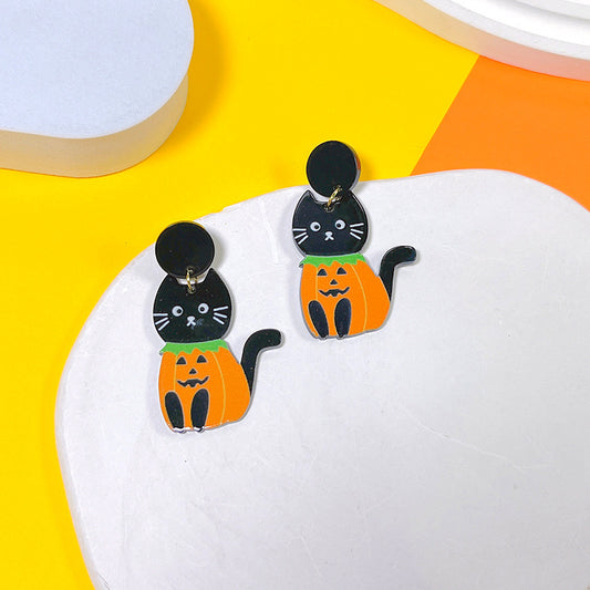 E4063 Aretes gato negro disfrazado calabaza acrílico 5cm