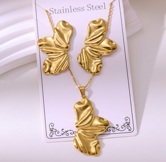 C1284 Conjunto de collar y aretes pétalos dorados acero inoxidable