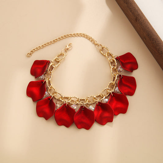 C1602 Collar pétalos rojos dorados aleacion 26cm