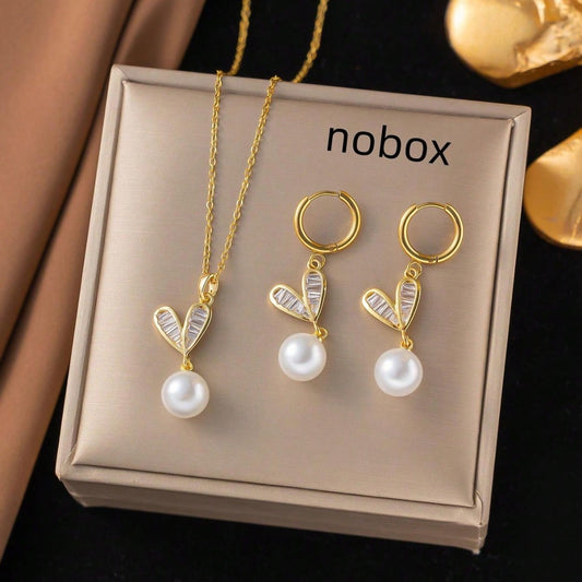 C938 Conjunto de collar y aretes de corazón perla acero inoxidable 20 cm largo 2cm dije