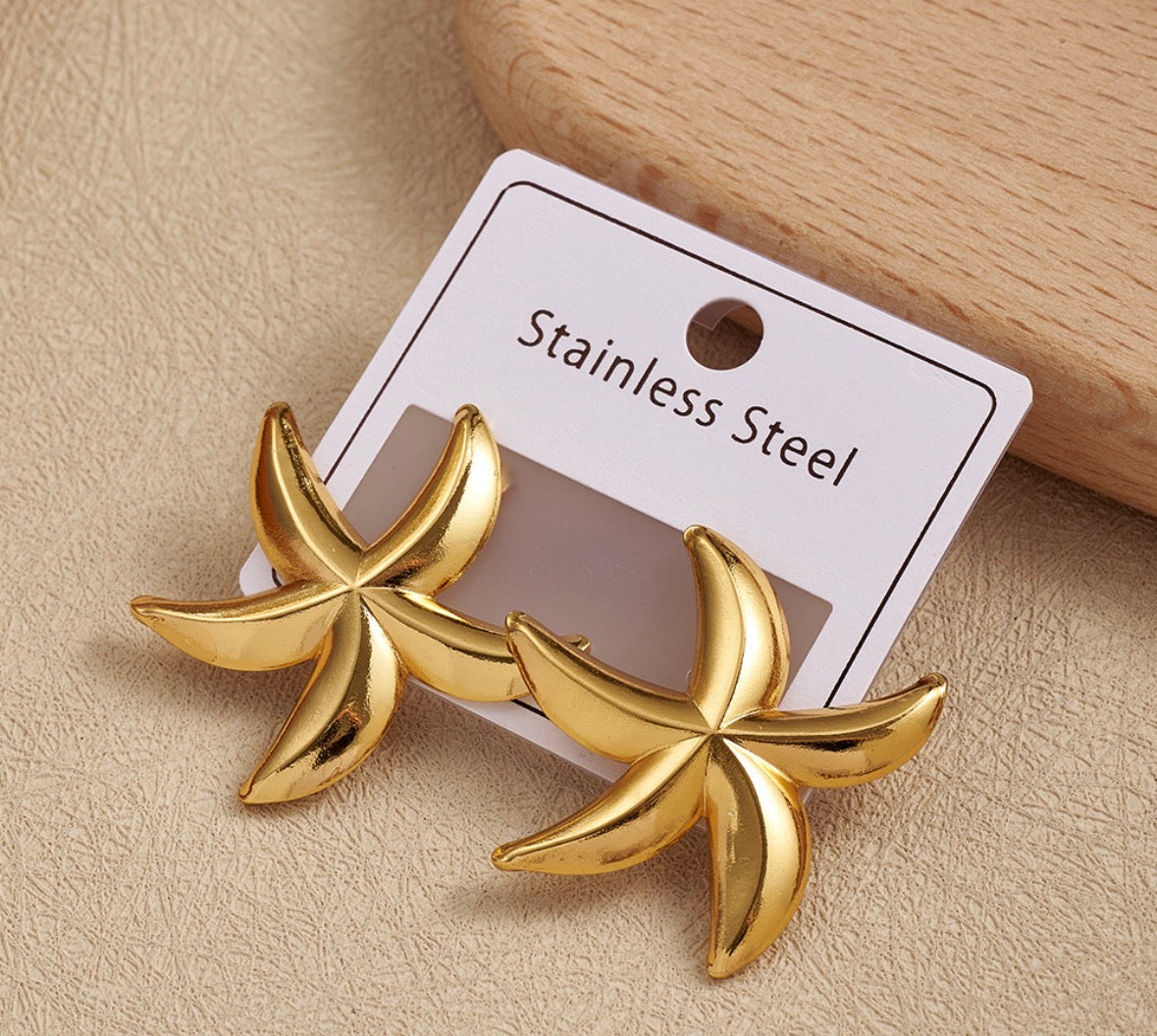 E5773 Aretes estrellas de mar dorada acero inoxidable 5cm