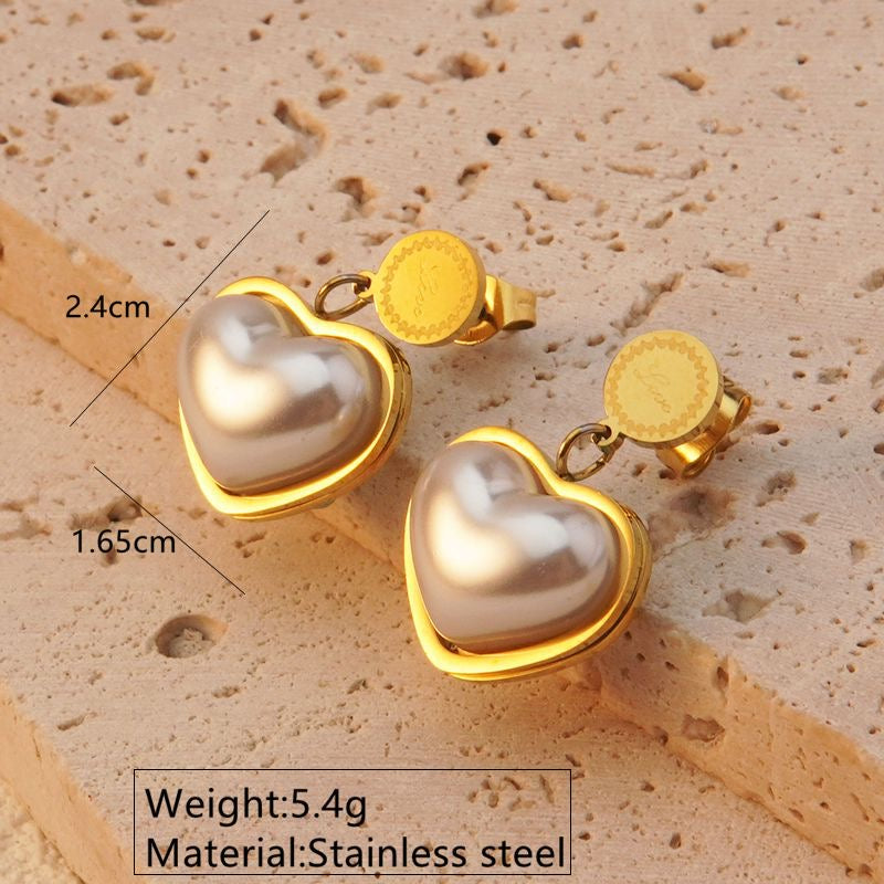 C680 Conjunto collar aretes corazon acero inoxidable chapado en oro 18k largo 21cm aretes 2.5cm