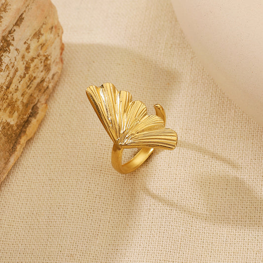 A129 Anillo hoja dorada acero inoxidable ajustable 2.5cm